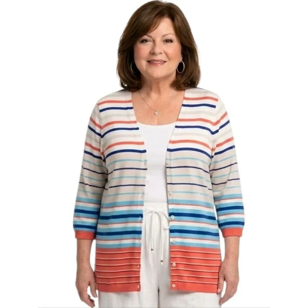 Liz Claiborne New York Multi Color Striped V-neck 3/4 Sleeve  Cardigan Size 2X